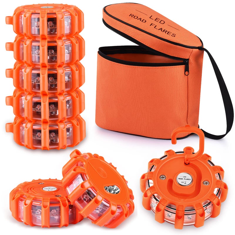 AK [8 Pack LED Road Flares Safety Flashing Warning Light Roadside Emergency Disc Beacon Kit for Vehicles Boats with Magnetic Base & Hook, Premium Storage Bag (Batteries Not Included) (8) - Image 1